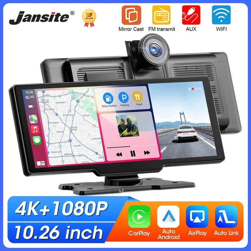Portable 10.26'' Dash Cam Wireless CarPlay Android Auto Dashboard 4K Car DVR Dashboard Video Recorder Car Monitor GPS FM BT