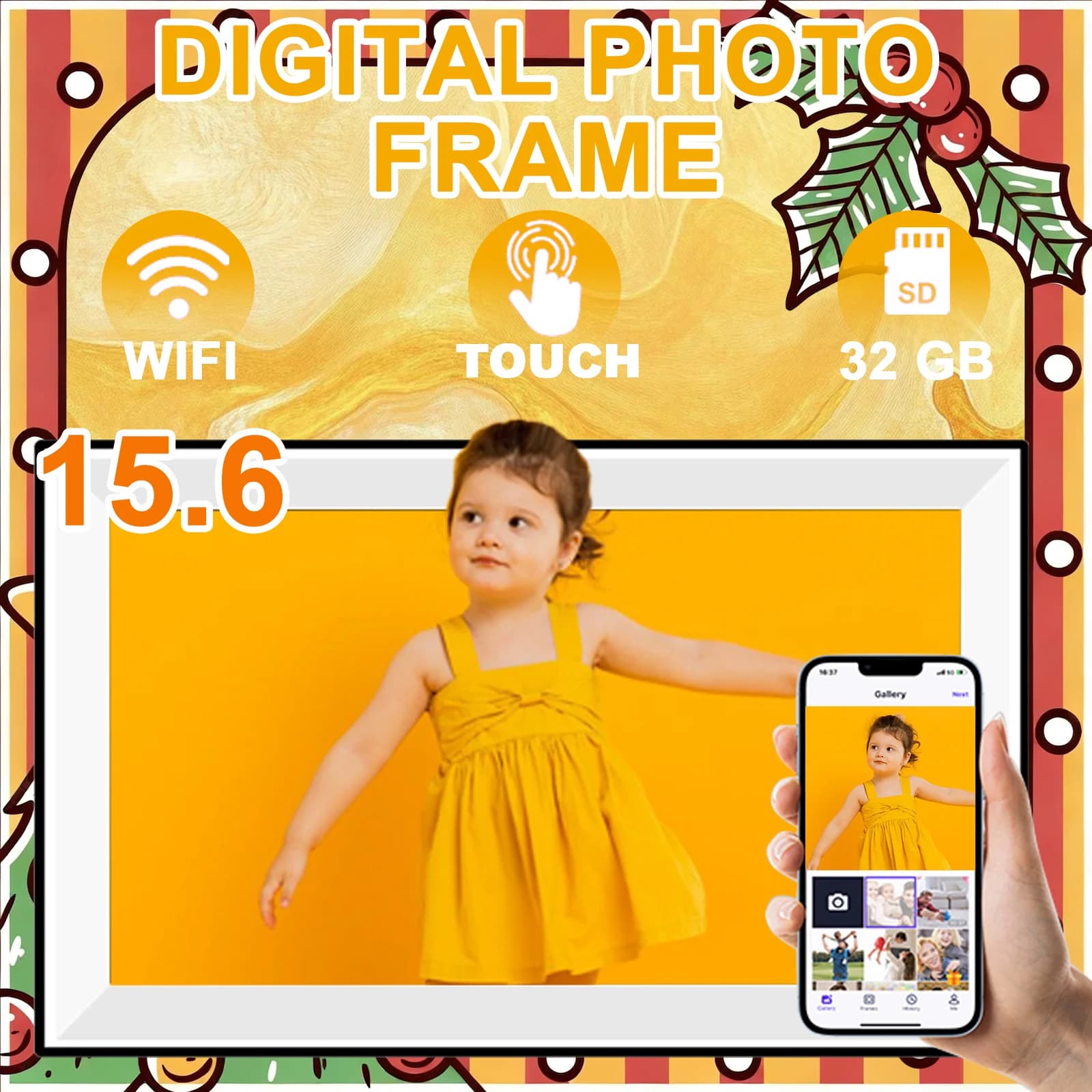 15.6 inch built in 32GB WiFi Large touch ips digital photo frame 1920*1080 WiFi Smart Frame Share Photos and Videos via frameo