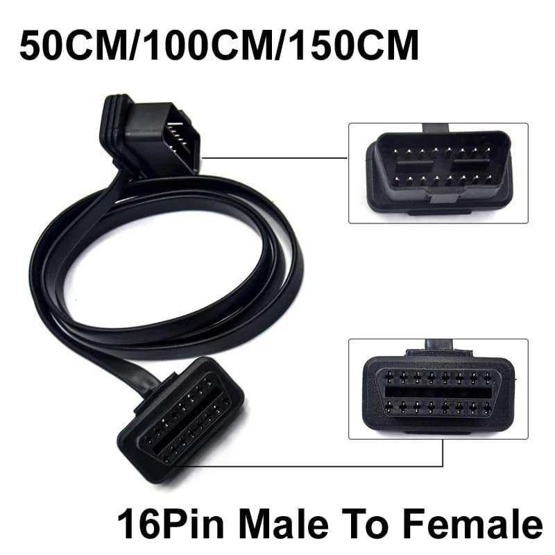 50/100/150CM Flat+Thin As Noodle 16 Pin Socket OBD OBDII OBD2 16Pin Extender Male To Female Car Scanner Extension Elbow Cable Ad