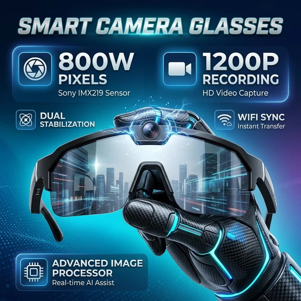 New AI Camera Glasses, 1200P POV Video, 30MP Photo, Object Recognition, Voice Assistant, WiFi App Sync for Travel Vlog Sport Use