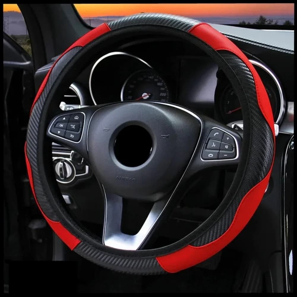 37-38cm Carbon Fiber Style PU Leather Steering Wheel Cover Universal Anti Slip Breathable for Car Interior Decoration