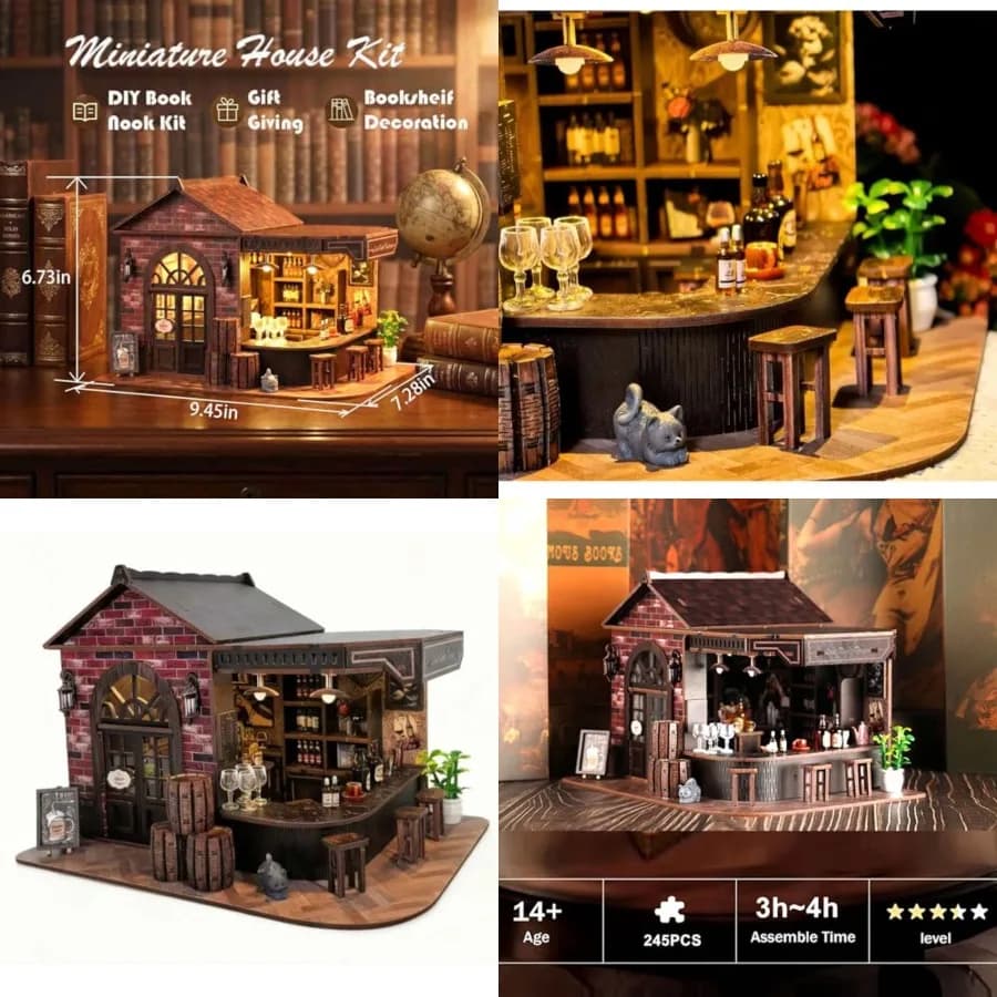 Book Nook Kit, 3D Wooden Miniature Tavern and Pub Dollhouse with LED Lights - DIY Mini House Craft Model for Adults, Birthday V