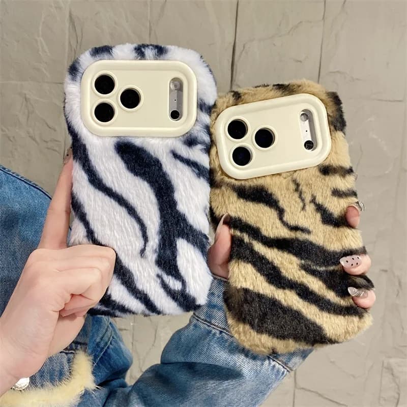 Luxury Zebra Pattern Fluffy Plush Phone Case for iPhone 17 Air 16 15 14 13 12 11 Pro Max Lens Holder Protective Shockproof Cover