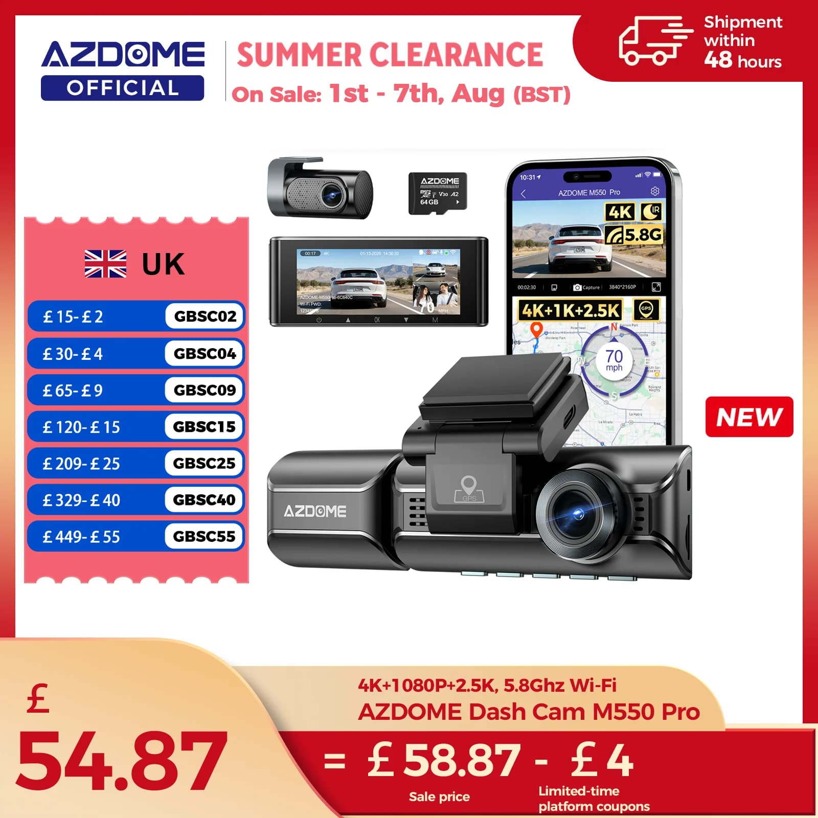 Upgrade AZDOME M550 Pro Dash Cam 4K Front Dashcam Auto 5.8Ghz Wi-Fi GPS G-sensor Car DVR 6 IR Night Vision Parking Monitor