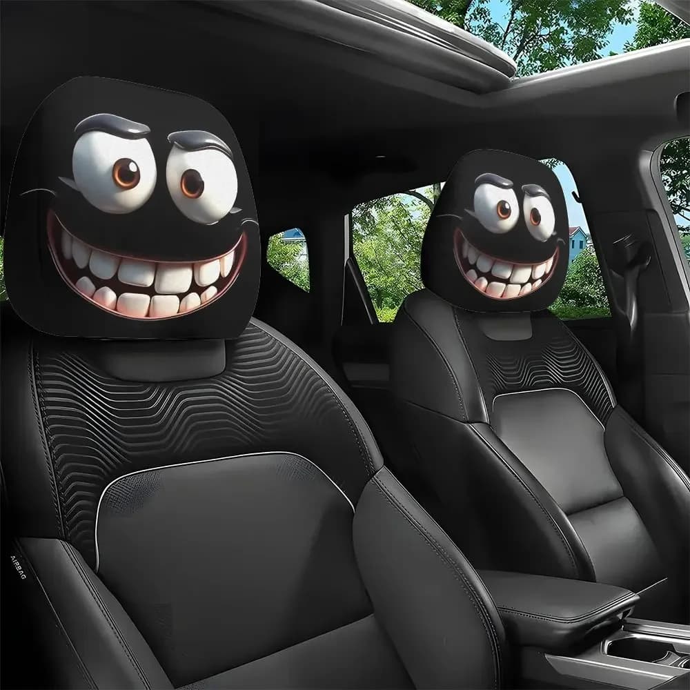 2pcs Smiley Face Printed Car Pillowcase Soft Comfortable Decorative Cushion Cover Auto Seat Headrest Washable Polyester Fabric