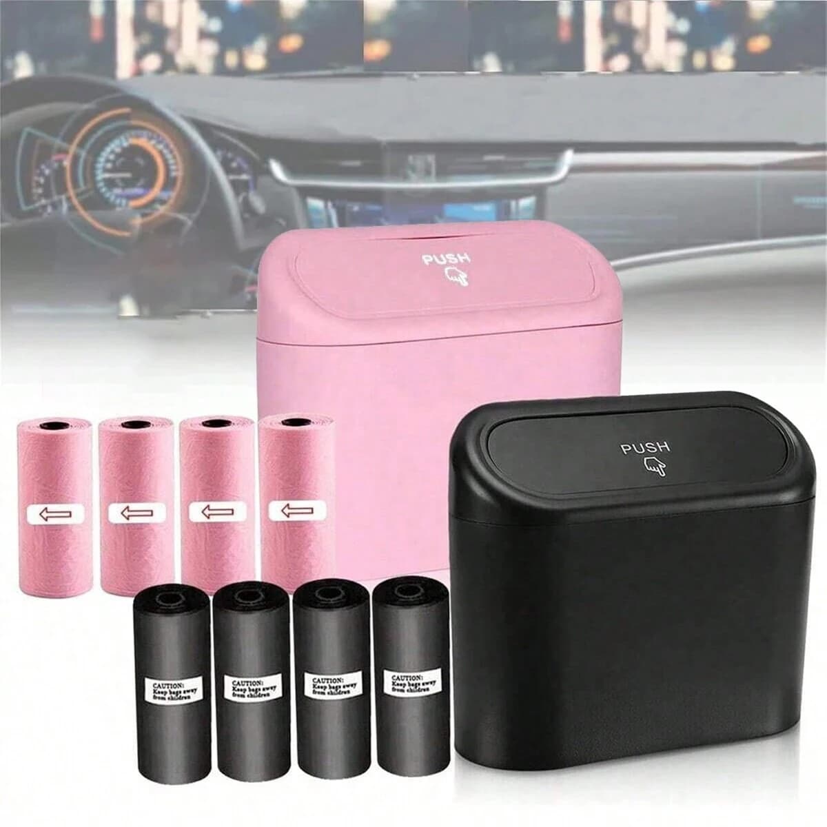 Car Trash Can with Lid / 4 Rolls of Garbage Bag, Leak-Proof, Portable Hanging Trash Can for Vehicle Organization