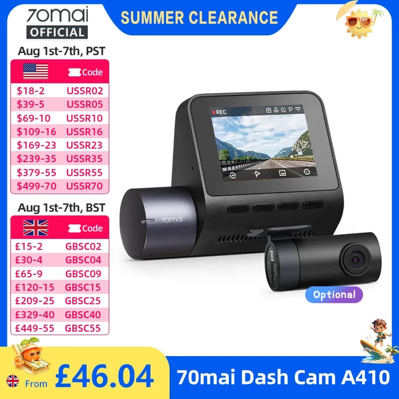 70mai Dash Cam A410 Front 1440P Rear 1080P Car DVR Upgraded Ver. of 70mai A400 Car Recorder 24H Parking Mode Support Max 256GB