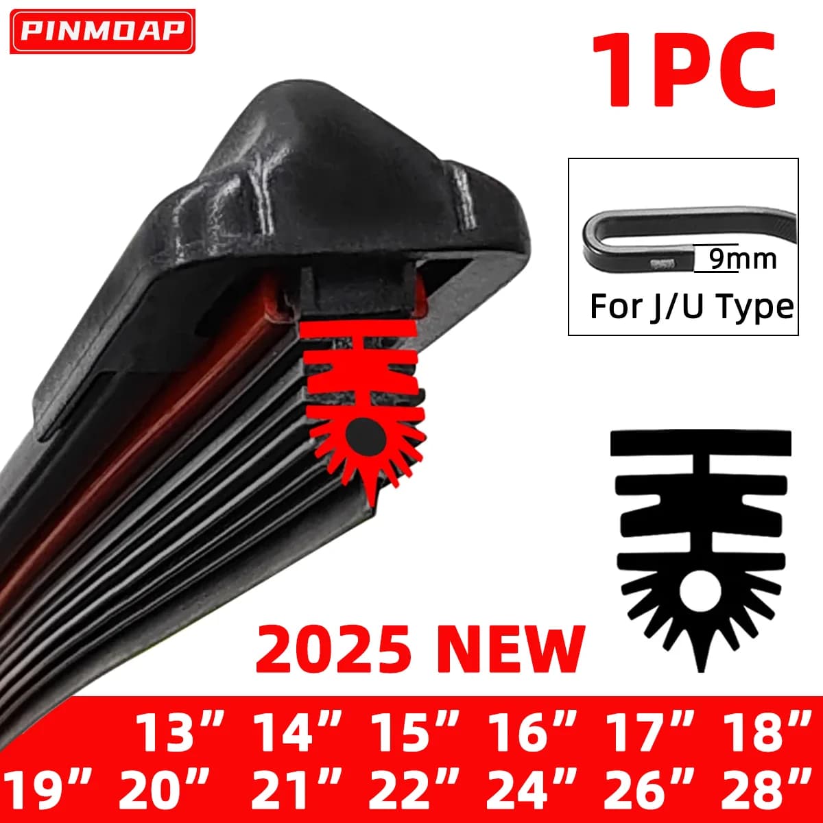1pc Car Windshield High-Quality Wiper 11 Layer Rubber Strip J/U-Shaped 3 "14" 15 "16" 17 "18" 19 "20" 21 "22" 24 "26" 28“