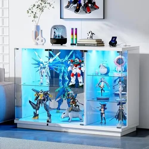 Glass Display Cabinet with Lock & LED Light, High Gloss Sideboard with Motion Sensor & Glass Shelves, Curio Cabinet for