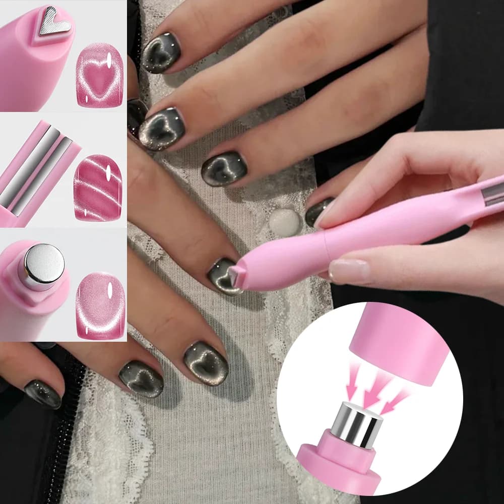 1Pcs 3-In-1 Heart Shape Cat Eye Nail Art Magnet Double Line Moon Snake French Magnet Pen for Magnetic Gel Polish Manicure Tools