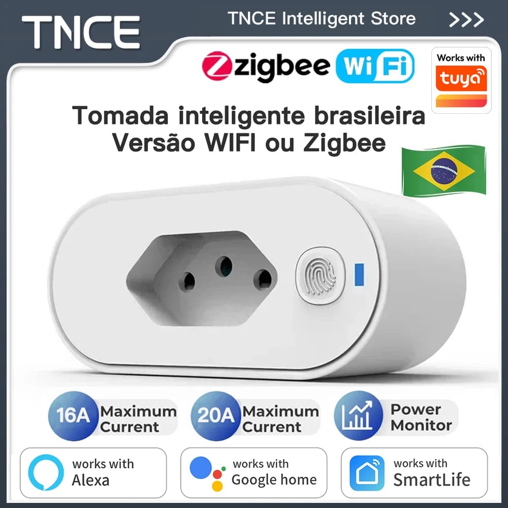 TNCE Tuya Brazil Plug WIFI or zigbee 16/20A socket with Power Monitor, Smart outlet remote control, Voice with Google Home Alexa