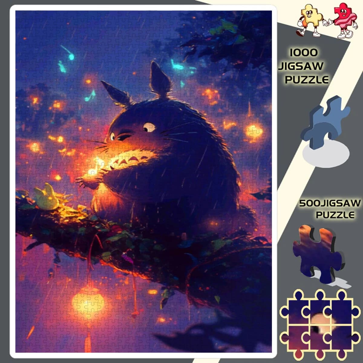 500pcs or 1000pcs Extra-Challenging Japanese Anime Totoro-Inspired Jigsaw Puzzle for Adults & Families - Nighttime Glowing Lig