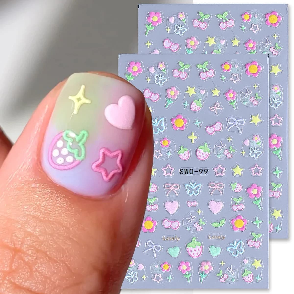2pcs Sweet Element Nail Art Stickers Simple Flower Heart Cherry Strawberry Kawaii Decals Colorful Bow Butterfly Manicure Sliders