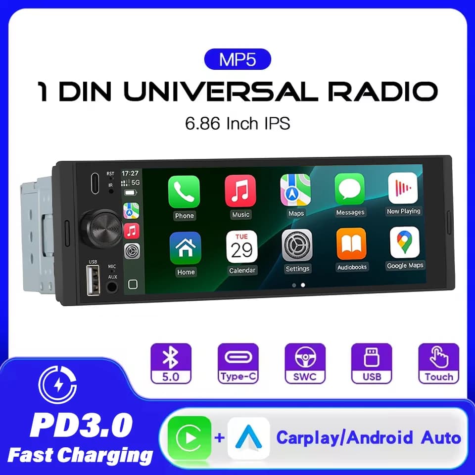 1DIN 6.86inch Universal MP5 Car Radio Support Wireless Carplay Android AUTO AUX USB BT Touch Screen Multimedia Video Player