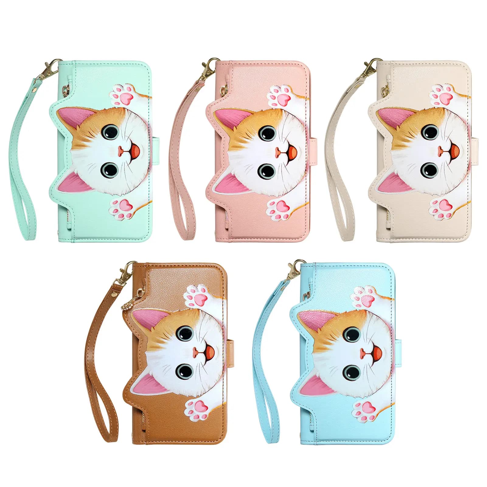 Cute Cat PU Leather Zipper Wrist Strap Flip Wallet Card Slot Phone Case For Motorola MOTO Edge 70 Fusion G32 G53 G34 G35 G77