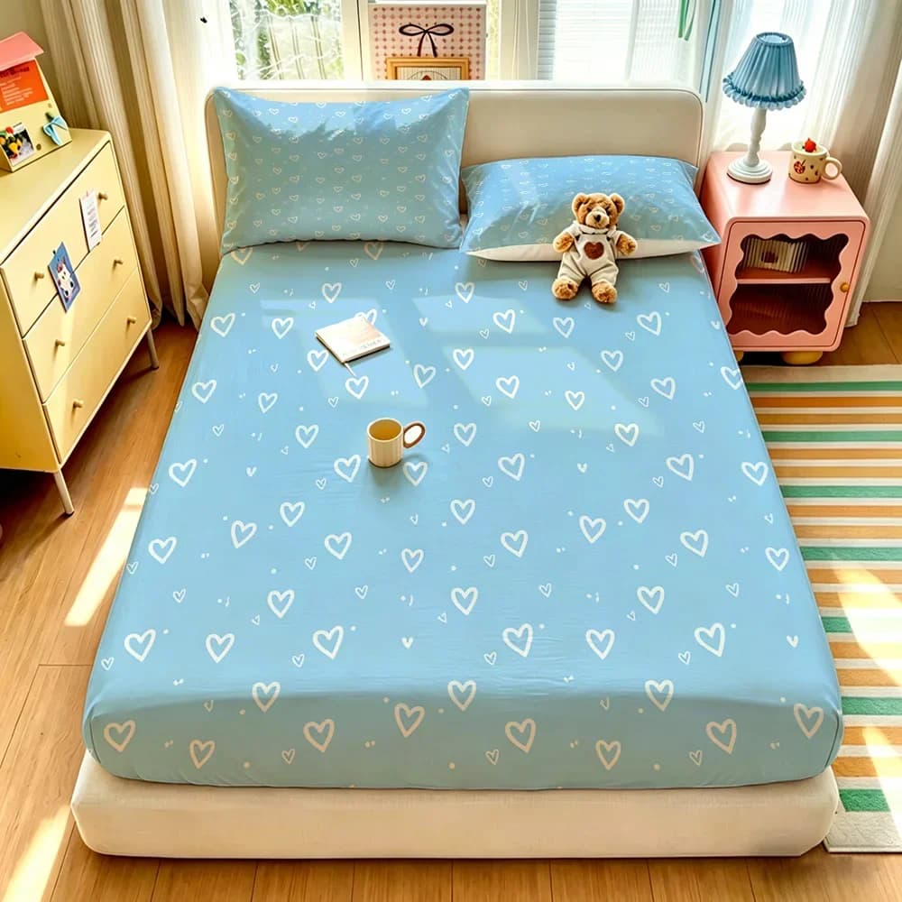 3PCS Simple Hand-drawn Heart Fitted Sheet Set Soft Bedroom Bedding Decor