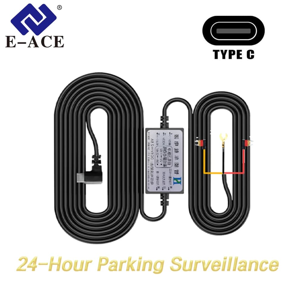 E-ACE 3.5M DashCam Hardwire Kit Type-C 12V-24V To 5V/2.5A Mirror DVR Charger With Fuse &Low Voltage Protection Easy Installation