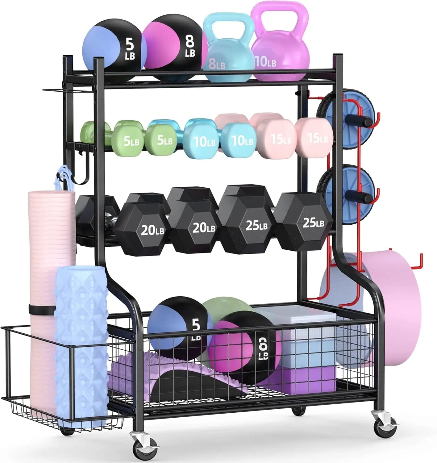 Home Gym Dumbbell Rack with Wheels, Heavy Duty Steel, All-in-One Storage, Hooks & Basket