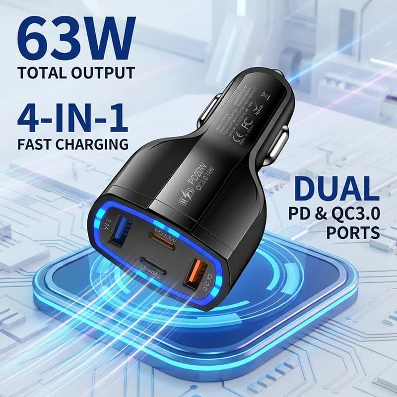 Multi Port 63W Car Charger Fast Charging Adapter With Dual PD 20W Type C and QC 3.0 USB A Ports For Smart Phones & Tablets