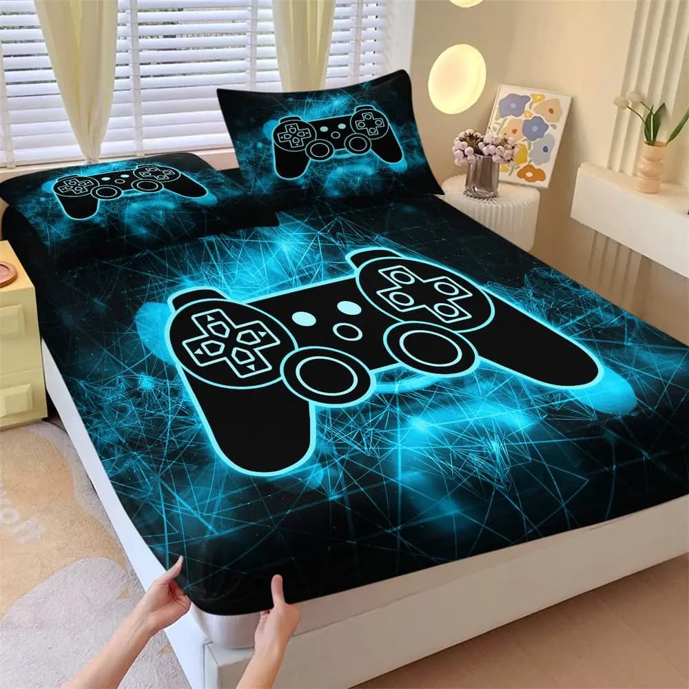 Neon Cyber Gaming Controller Print Fitted Sheet Set Bed Sheets Set Bedding Set Soft Breathable Bedding for Gamer Bedroom Teens