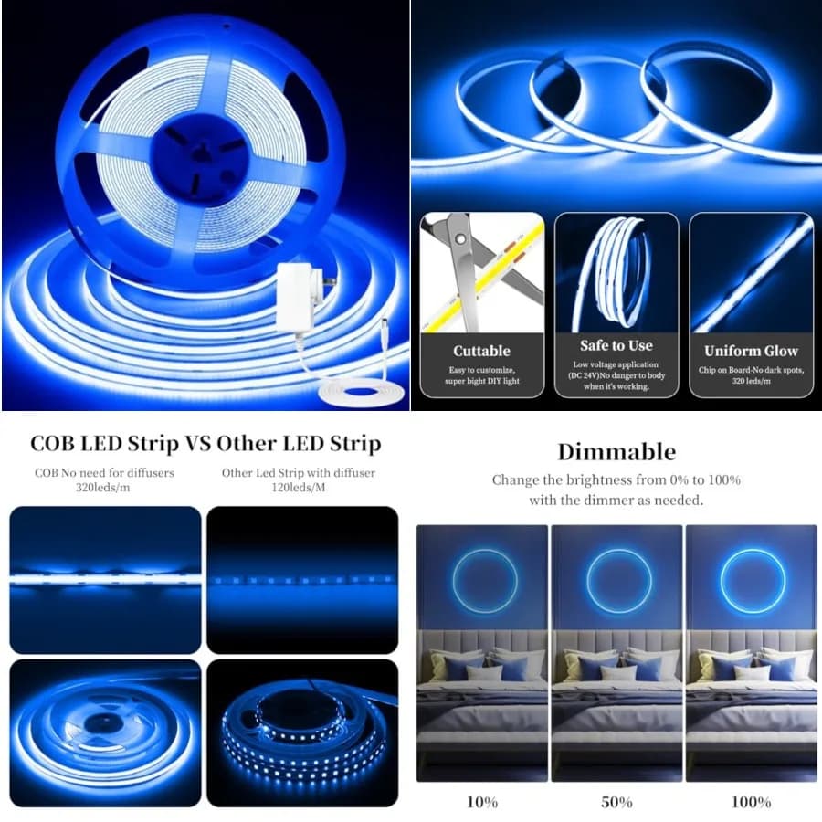 32.8ft/10M COB LED Light Strip, DC24V CRI 93+ Strip Light, 8mm Width LED Tape Lights, Flexible COB LED Lights for Bedroom, TV B