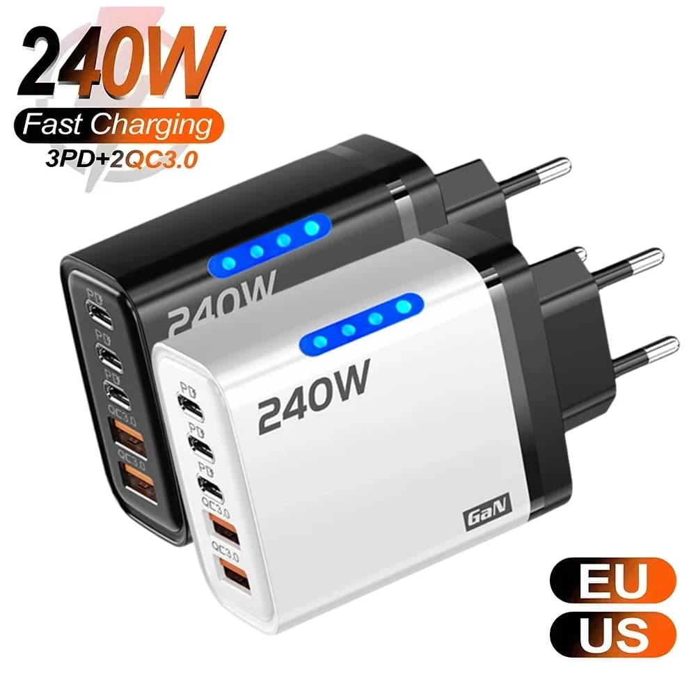 240W 5 Ports USB PD Charger Type C Quick Charge Phone Chargers USB Fast Charging Adapter For iPhone 16 Samsung Xiaomi Huawei