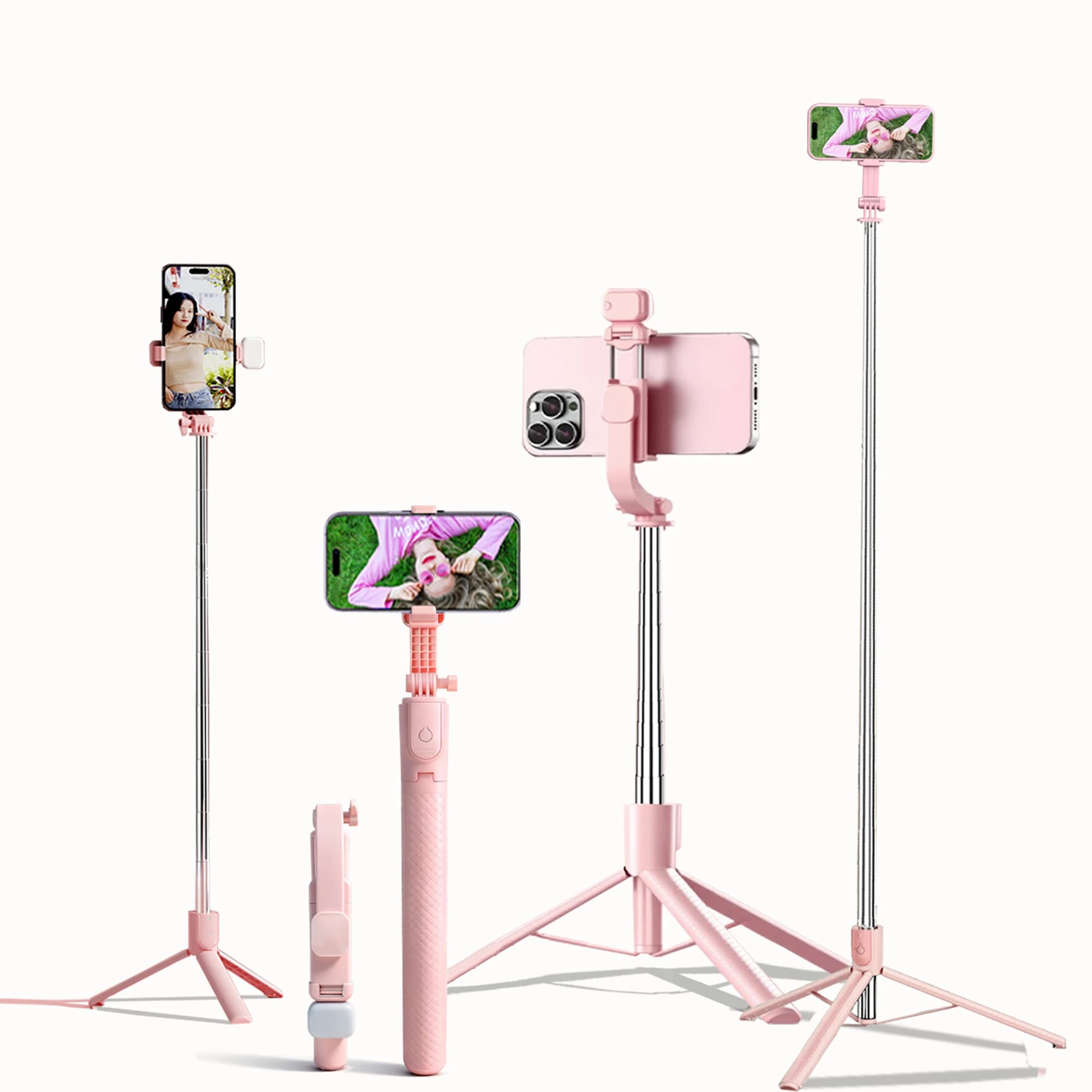Extendable Aluminum Selfie Stick Tripod, Fill Light & Bluetooth-compatible Remote, Compatible with IPhone/Android, for Travel