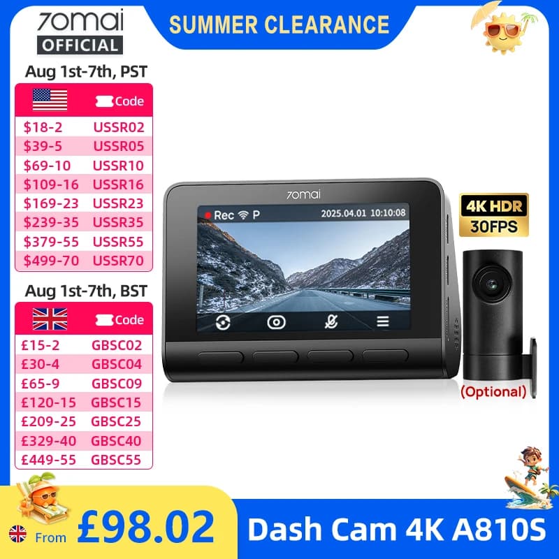 70mai Dash Cam 4K A810S HDR IMX678 Supercapacitor 4G LTE Remote Control Wi-Fi 6 Voice Control GPS ADAS Car Camera 70mai A810S