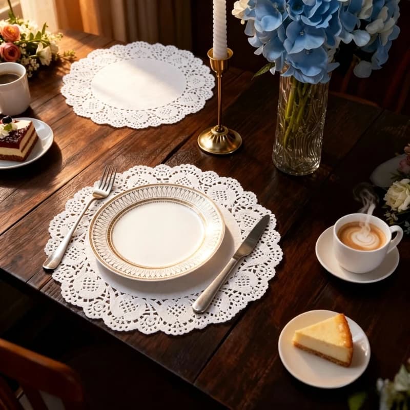 100Pcs Disposable White Kraft Paper Placemats,Wavy Lace Floral Pattern Table Mats for Wedding Party Banquet, Elegant Craft Decor