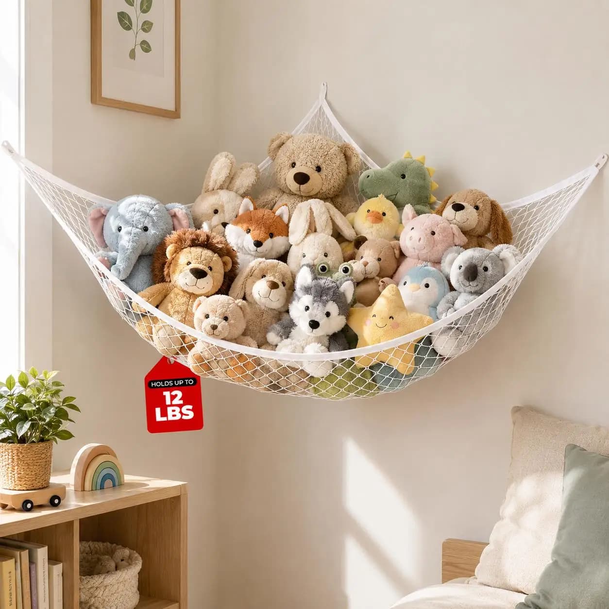 Mesh Toy Storage Hammock Hanging Stuffed Animal Organizer Net Large Space-Saving Wall Corner Holder Hollow-Out Room Decor for Kids Bedroom Nursery Playroom Easy Install Plush Toys Display