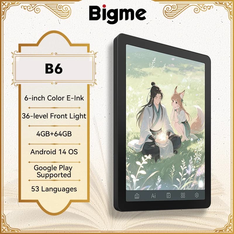 Bigme E-book Reader B6, 6-Inch E-Ink Electronic Book, 36-Level Front Light, 4GB+64GB Android 14 OS, Support Google Play E-Reader