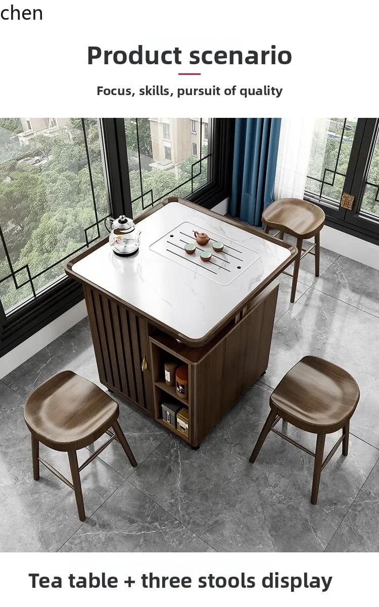 i5.15 Balcony Tea Table and Chair Set with Wheels, Stone Board and Solid Wood, Suitable for Small Homes, Zen Style Tea Cart