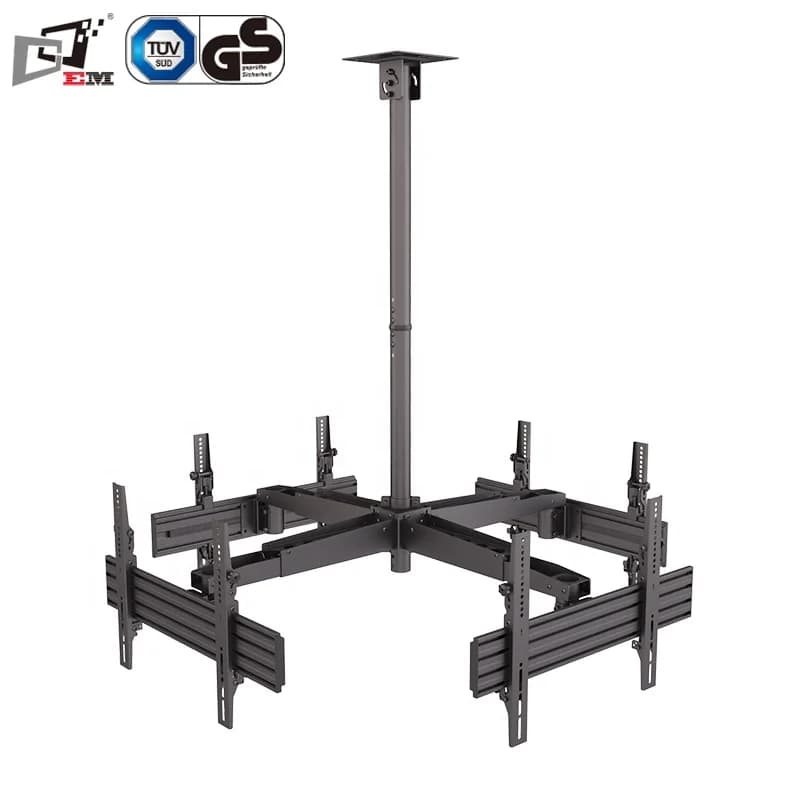 Retractable Hanging Ceiling Mount TV Arm for Four Screens Height Adjustable Steel TV Bracket for Commercial Monitor Display