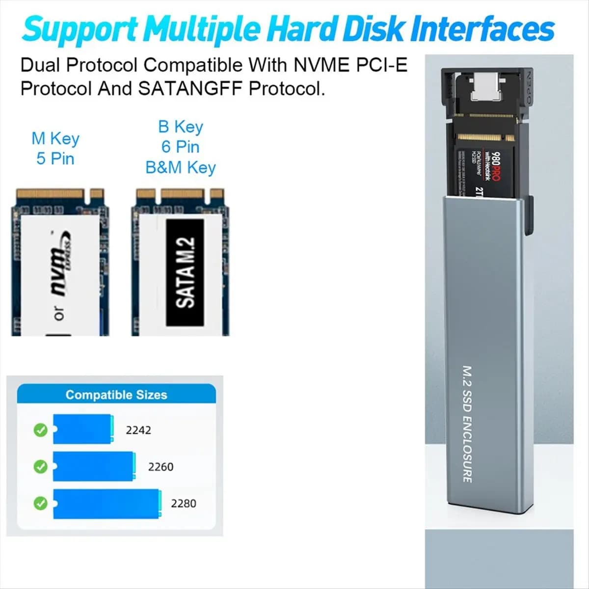 Welcome Deal~Dual Protocol M2 NVMe NGFF SATA SSD Enclosure 10Gbps USB3.1 External Enclosure Box for 2230 2242 2260 2280 M/ Key