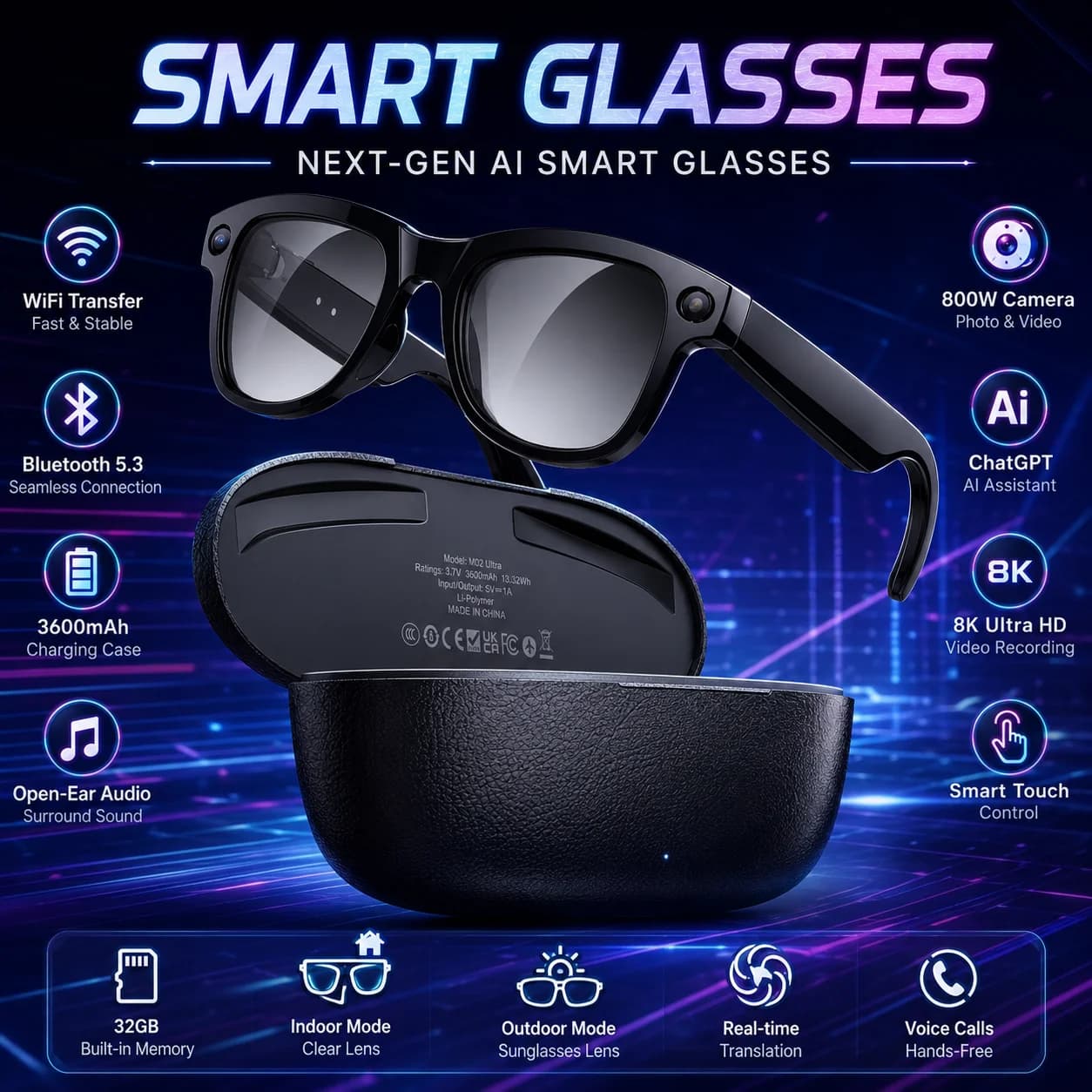 2026 New 32G Memory 800W 4K Camera Smart Glasses Men Photos&Videos 3600mAh Power Bank 120+Languages Translation AI Glasses Women