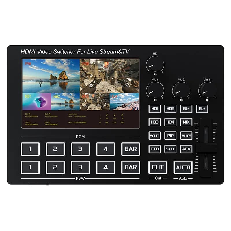 1080P 4 Channel HDMI Live Streaming Video Mixer Switch Live Broadcast Video Switcher with 5 Inch Screen Mic Line in Audio Mixing