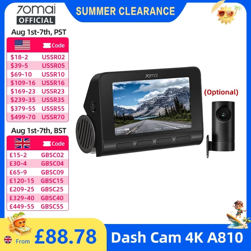 70mai 4K Dash Cam A810 Front Rear Set Suppor 4G Module LTE UP04 Remote Control GPS ADAS Car DVR 70mai A810 Car DVR