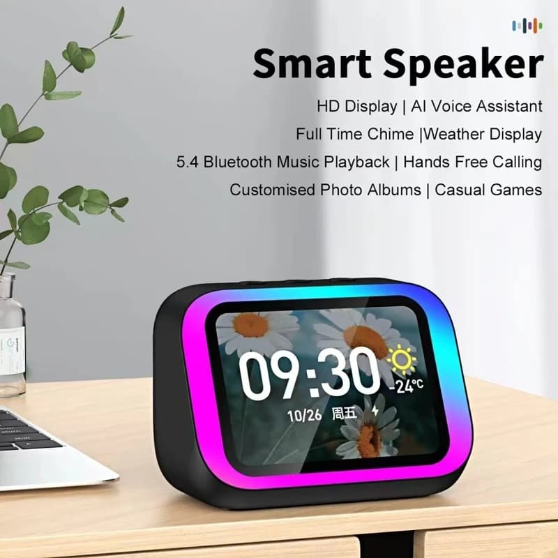AI Voice Assistant Bluetooth Speaker With RGB Color Lighting Alarm Clock LED Screen Weather Clock Display Electronic Speaker