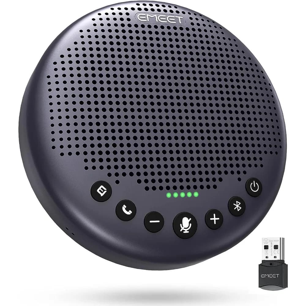 Conference Speaker with 8 Microphones, 360° Sound, Noise Reduction, and Bluetooth/USB Connectivity for 10-Person Meetings