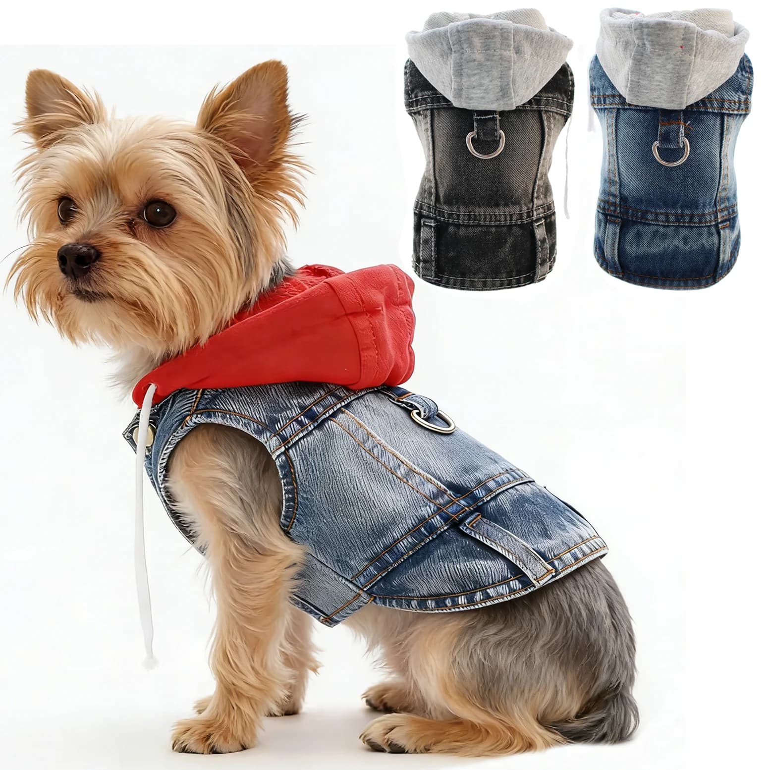Cool Dog Jean Jacket Vest with D-Ring Hoodies for Small Medium Dogs, Spring Dog Clothes Puppy Denim Harness Coat for Walking