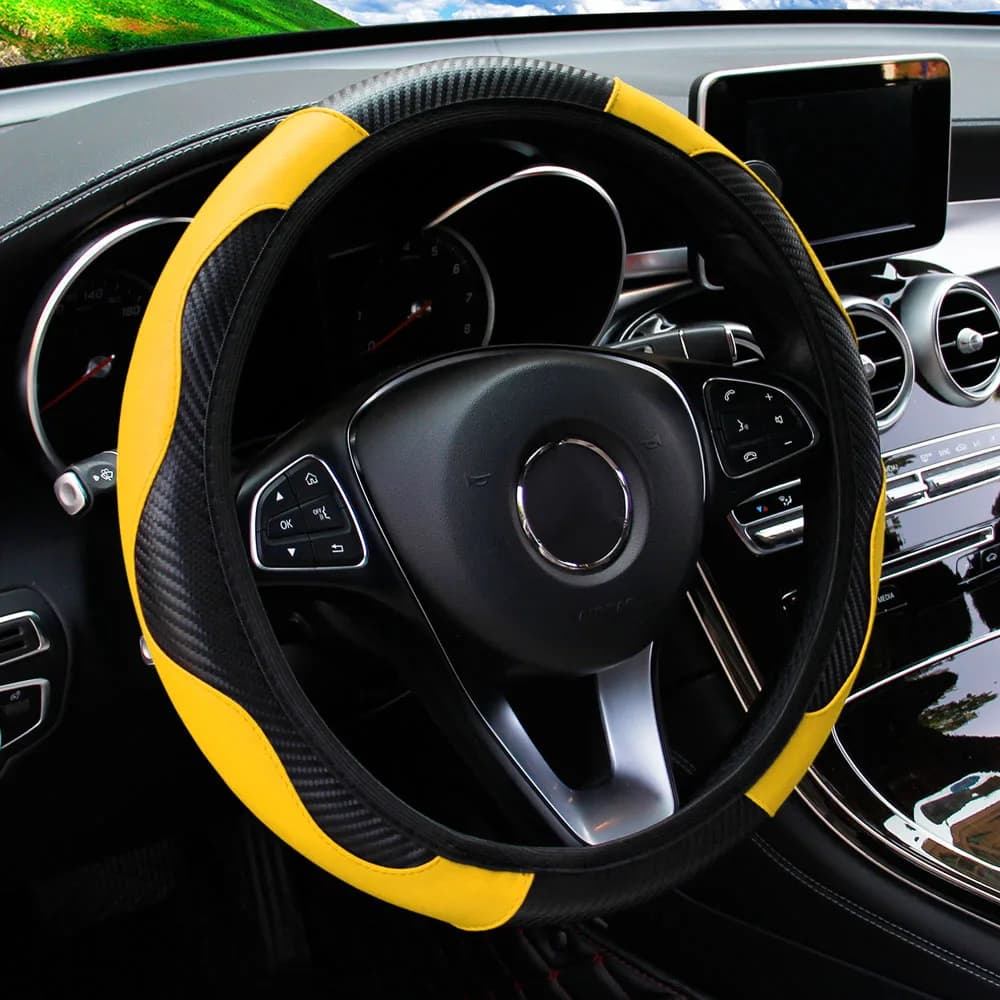 Universal Fit PU Carbon Fiber Leather Car Steering Wheel Cover 14.5-15 Inch No Inner Ring Required Vehicle Decoration Accessory