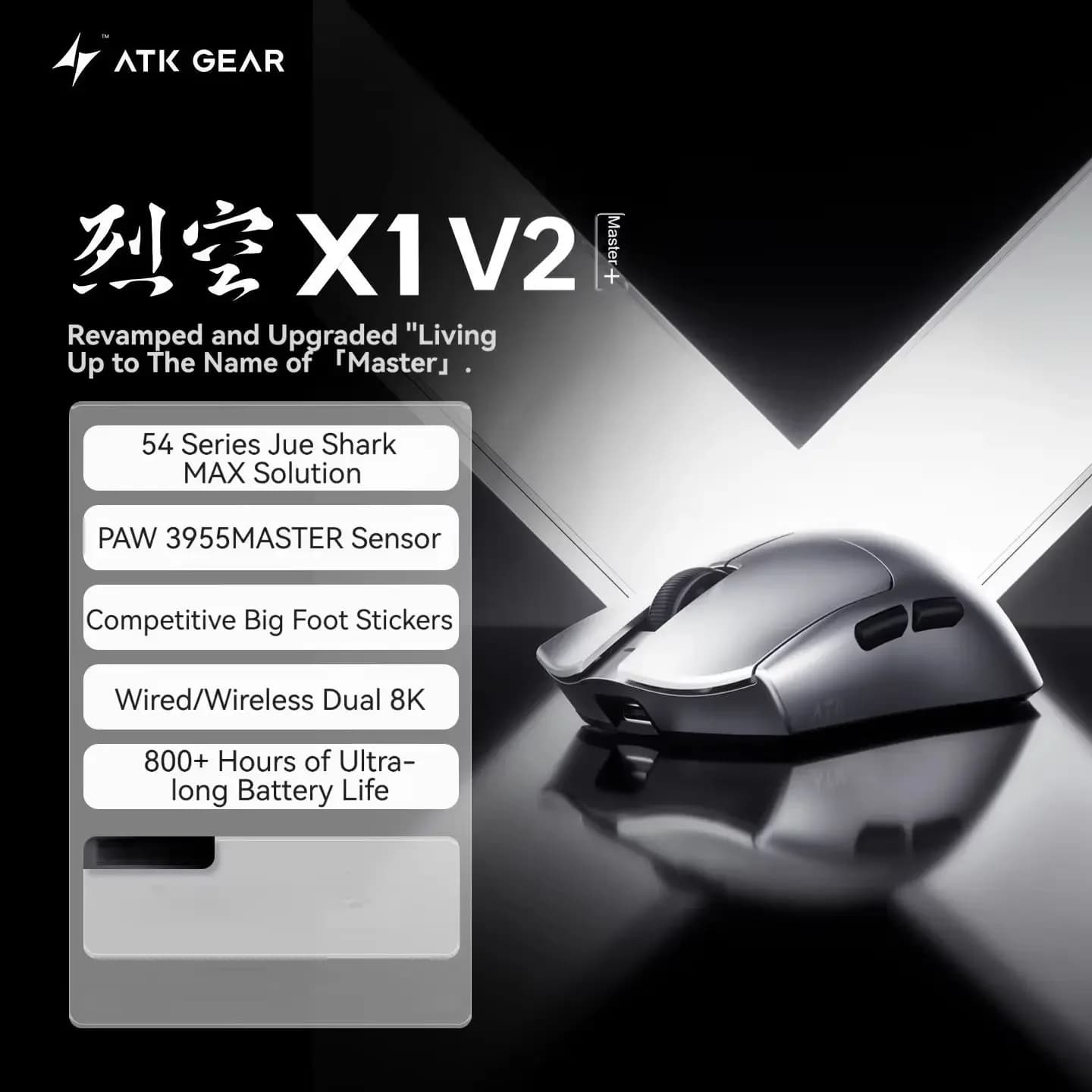 ATK Blazing Sky X1 V2 Ultimate Master+ Wireless Mouse 48g PAW3955MASTER Dual 8K Ergonomic Medium-Large Hand for Gaming Office PC