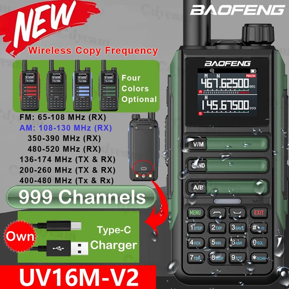 Upgrade Baofeng UV16M V2 Walkie Talkie AM FM Two Way Radio Full Band LCD 999CH Frequency Copy VHF UHF NOAA Noise Reduce Type-C