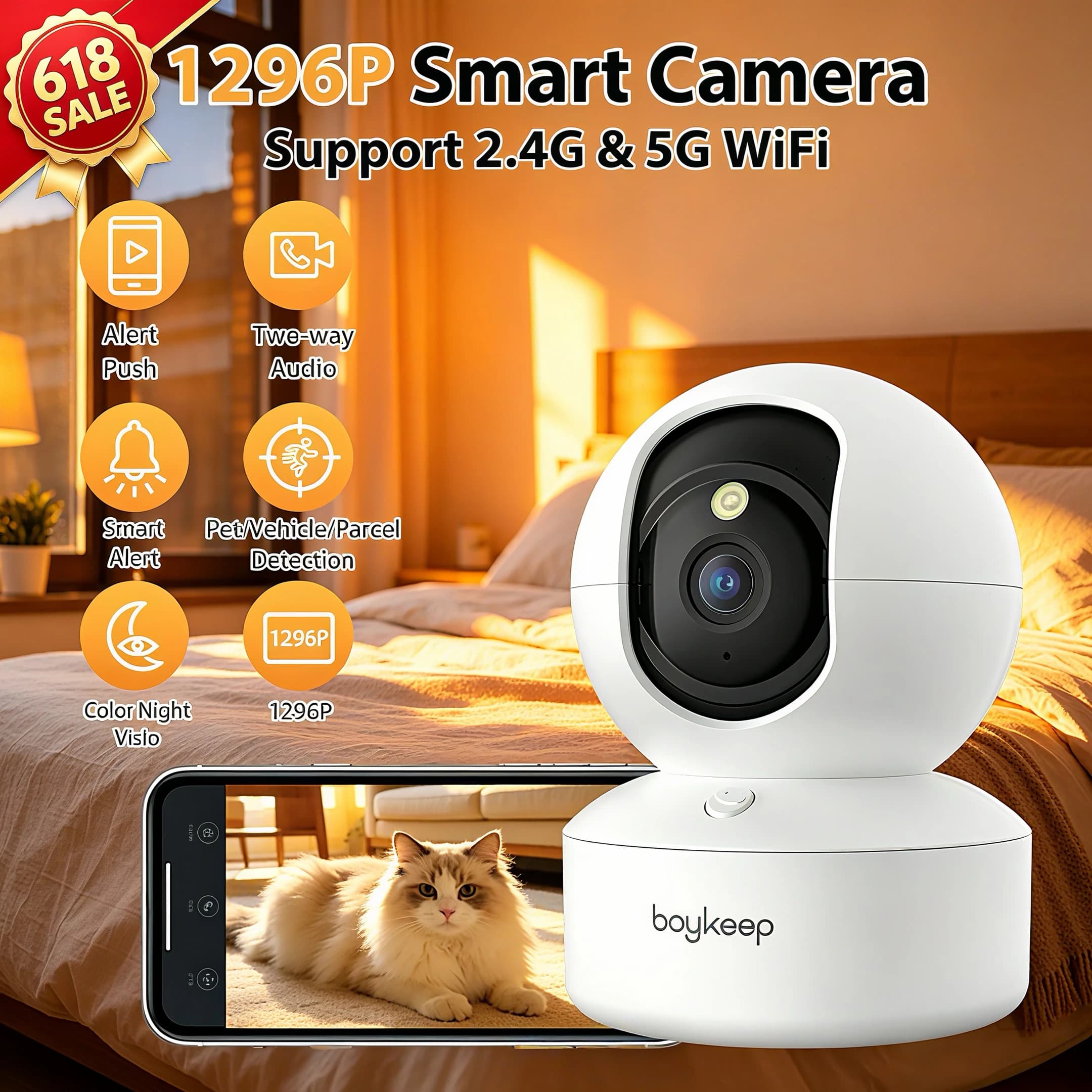BoyKeep Smart Camera 2K Security Protection Wifi Surveillance 5G/2.4GHz Indoor Baby Night Vision 360° Pan & Tilt 2-Way Audio K30