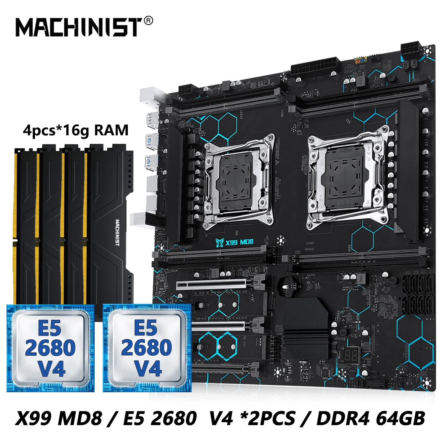 MACHINIST X99 MD8 Dual CPU Motherboard Optional  Kit Set lntel Xeon E5 2680 V4 LGA2011-3 DDR4 32GB RAM C612 chip Server Computer