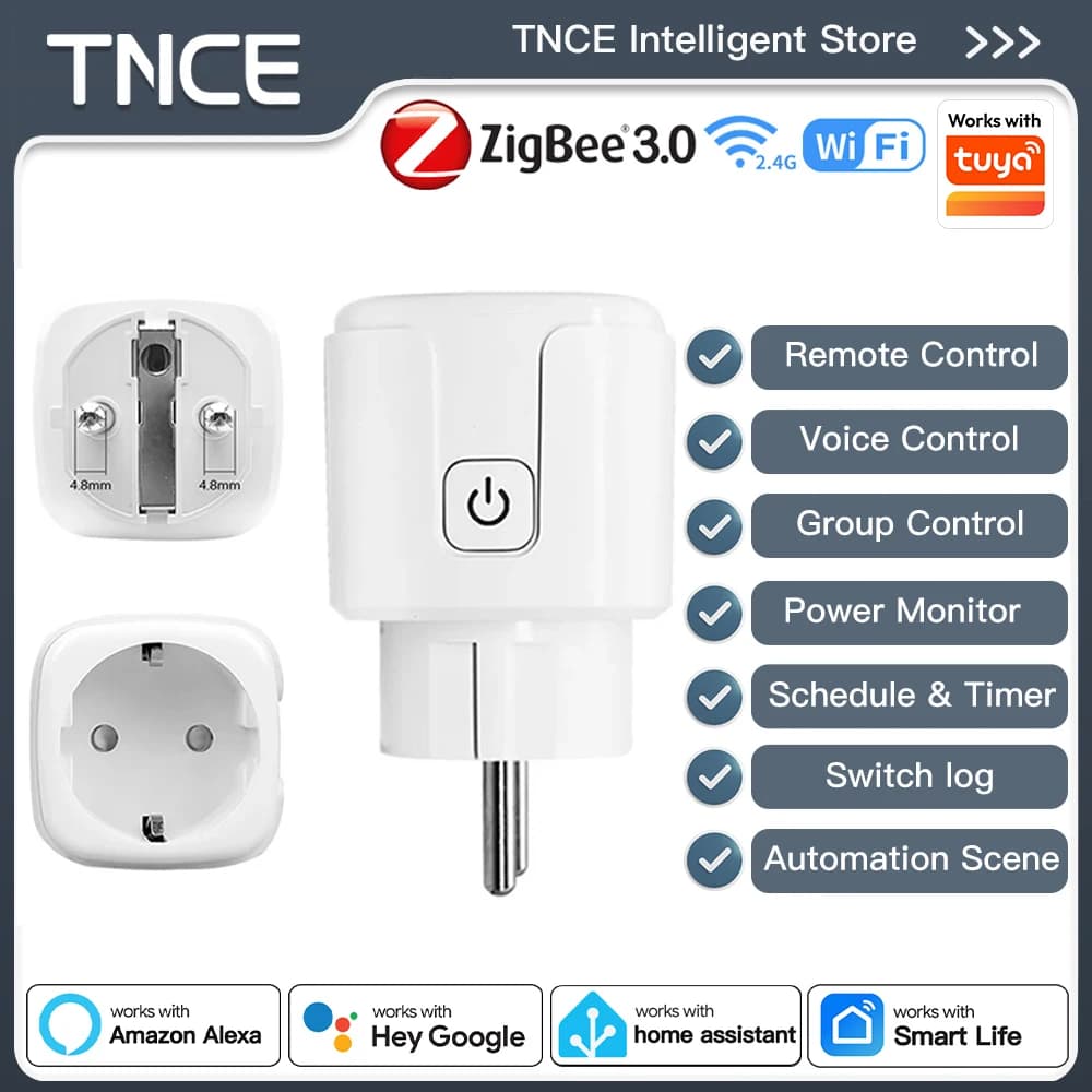 TNCE Tuya EU Plug WiFi or Zigbee3.0 Smart Socket 16/20A, Power Monitor Timer Function Voice Control With Alexa Google Home