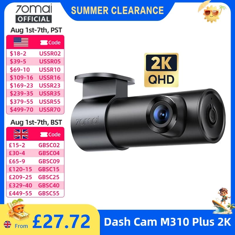 70mai Dash Cam M310 Plus 2K 1440P 143°FOV F1.55 Smart Voice Control 24H Parking Guard Night Vision 70mai M310 Plus 2K Car DVR