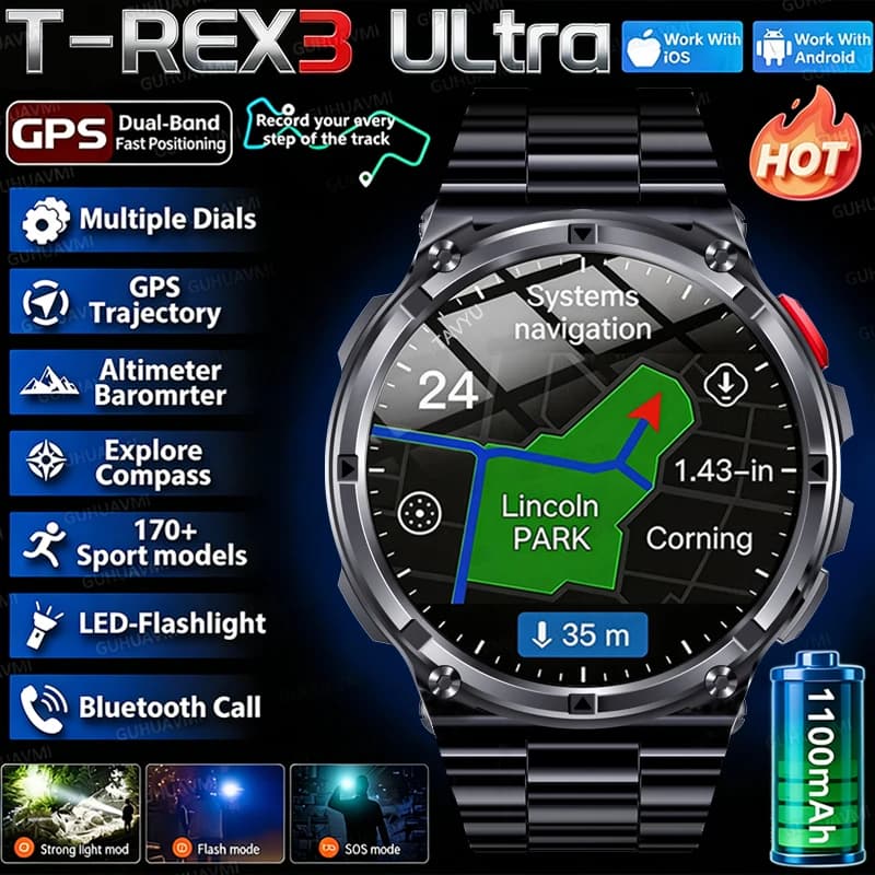 2026 New T-Rex3 Pro 1100mAh Battery Smart Watch GPS path 5ATM Waterproof Sports Run tracker Outdoors Compass Military Smartwatch