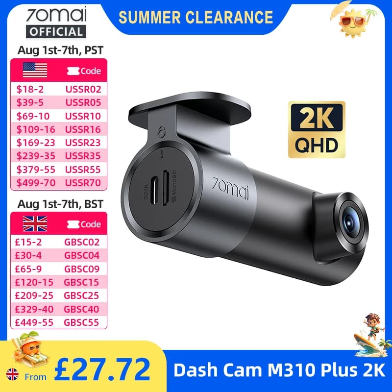 70mai Dash Cam M310 Plus 2K English Voice Control 1440P WDR Night Vision 24H Parking Surveillance 70mai M310 2K Car DVR Wi-Fi 6