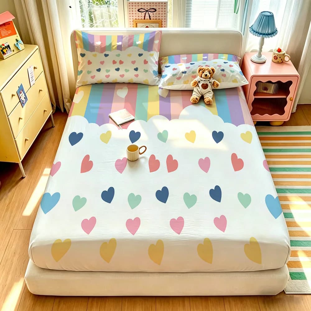 3PCS Colorful Striped Heart Cloud Pattern Fitted Sheet Set, Soft Bedroom Bedding Decoration, No Core